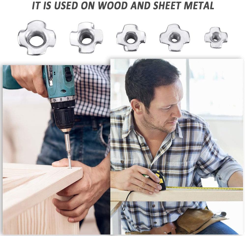 100 Pcs FourPronged T Nuts, Assorted Tee Nuts Zinc Plated Carbon Steel T Nuts Threaded Insert