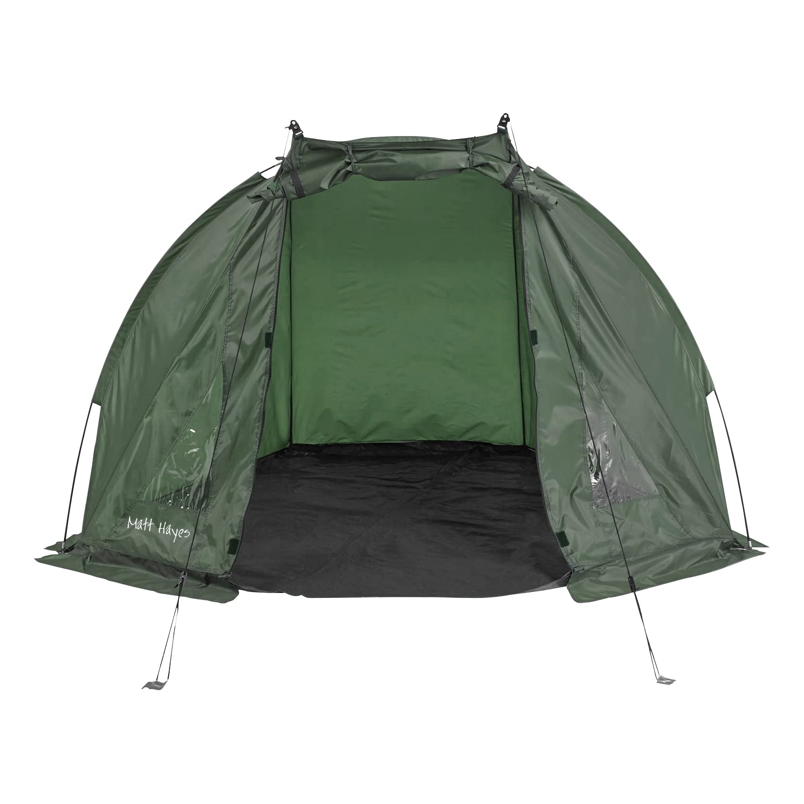 Matt Hayes - DAY SHELTER Fishing Bivvy 190T Polyester Fabric Dark Green with PVC Viewing Panels - Suitable for Light Showers Only (135cm x 220cm x 120cm) Groundsheet, Poles Pegs & Carry Bag [99-8030]