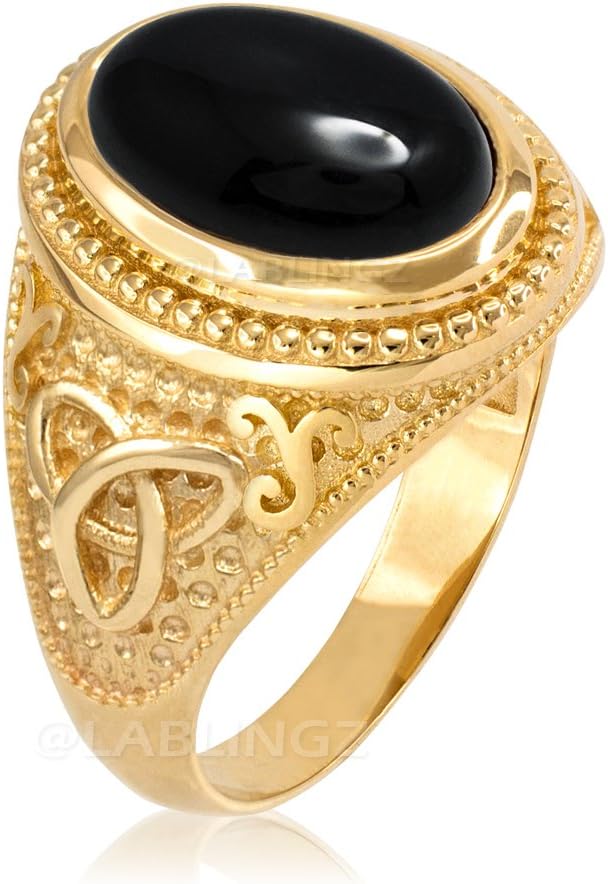 Irish Jewelry 14K Yellow Gold Celtic Black Onyx Gemstone Statement Ring