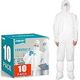 FURWEY Hazmat Suits 10 Pack Disposable Coveralls,with Shoe Covers,Elastic Wrists,Ankles and Hood,Available in 4 sizes(L-3XL)