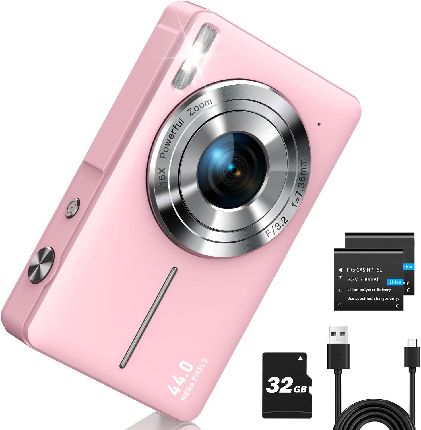 CAMKORY Digital Camera, Full HD 1080P Point and Shoot Camera, 44MP Kids Camera with 32GB Card, 16X Zoom, Pink