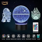 UDGTEE 3D star wars light, 3D LED Night Light Star Wars,3 kind of Patterns,Millennium Falcon,Death Star and R2D2,with 7 light modes,power by USB or 3pcs AA batteries(batteries not Includes)