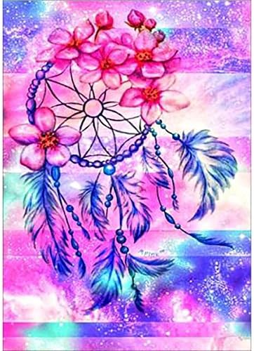 DIY 5D Diamond Painting by Number Kits, Full Drill Crystal Rhinestone Embroidery Pictures Arts Craft for Home Wall Decoration Purple Feather Dream Catcher 11.8 x 15.7 Inch
