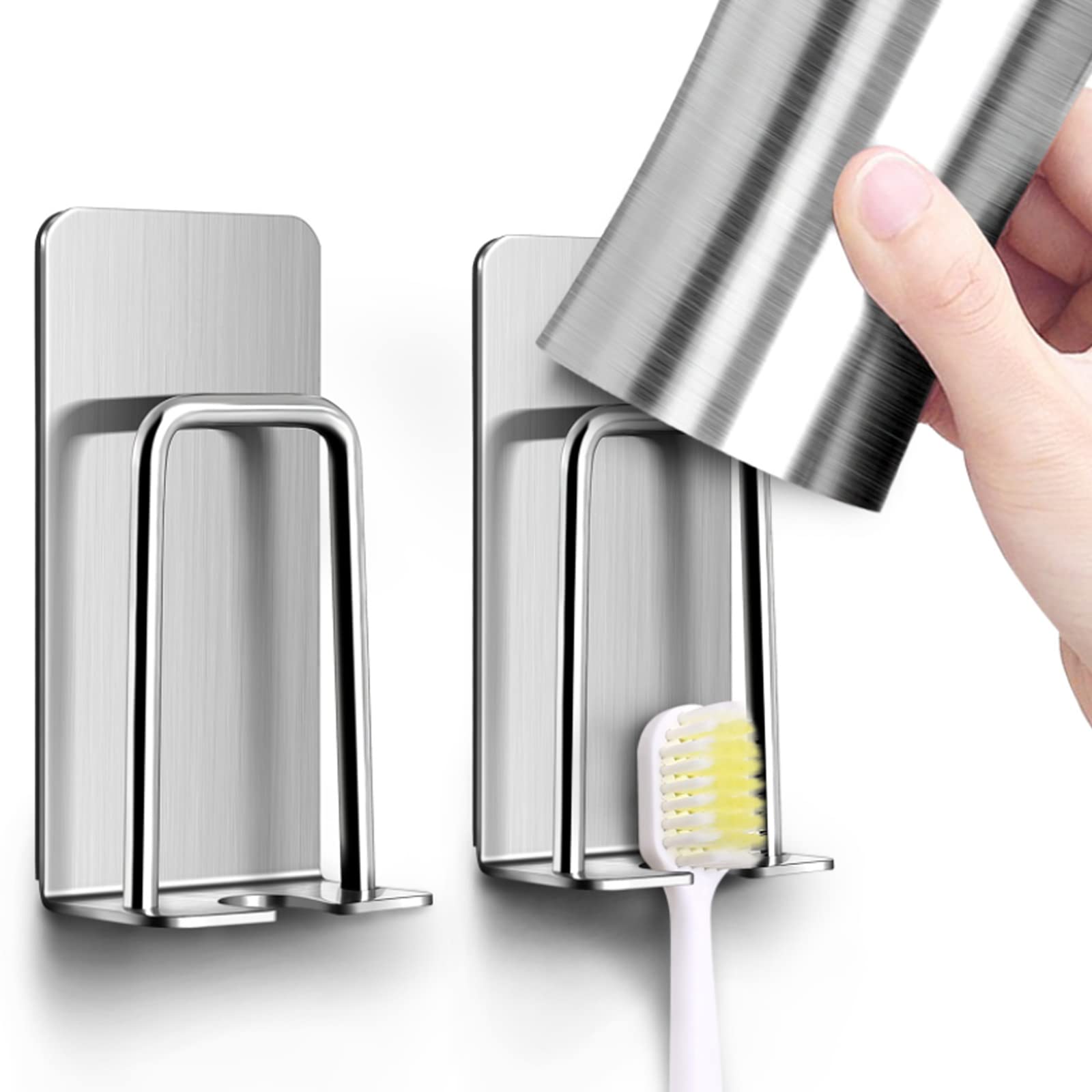 inherited 2 pcs Toothbrush Holder, No Drilling Toothpaste Holder, Wall Mounted Holder Stand Universal Stainless Steel Toothbrush Toothpaste Cup Holder Hanger For Bathroom, Self Adhesive