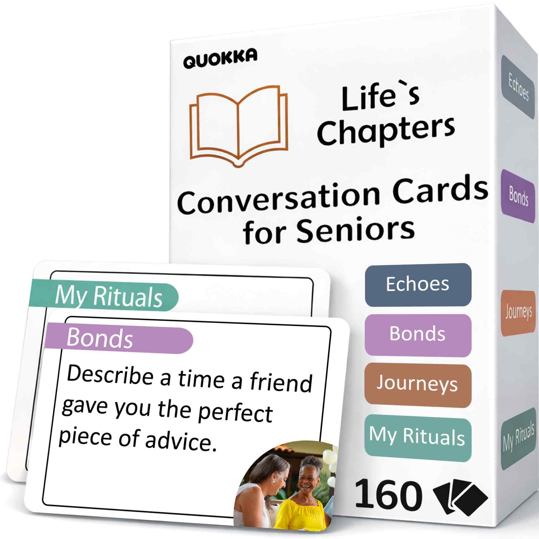QUOKKA Conversation Cards for Seniors, 160 Memory Game Cards Alzheimer's or Dementia Activities, Large Print Conversation Starters for Elderly Parents, Grandparents, Caregivers, Premium Gift Box — image 1