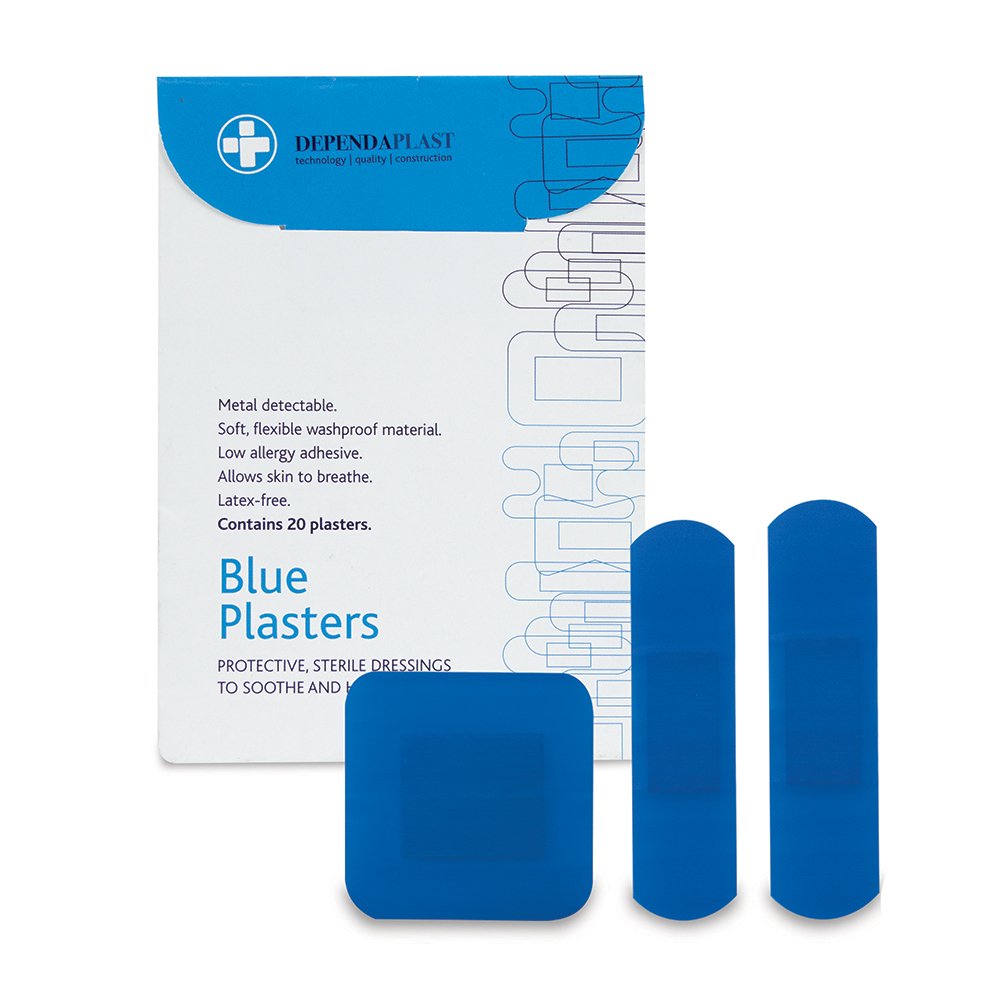 Dependaplast Food Area Blue Plasters with High Visibility and Metal Detection Properties, Easily Detectable, Individually Wrapped - Assorted Wallet of 20