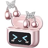PAXA Stylish Open Ear Clip On Earbuds with Removable Butterfly Earring, Clip On Headphones with LCD Touch Screen, Fashionables Open Ear Headphones for Women, Butterfly Earring Rose Gold Earbuds