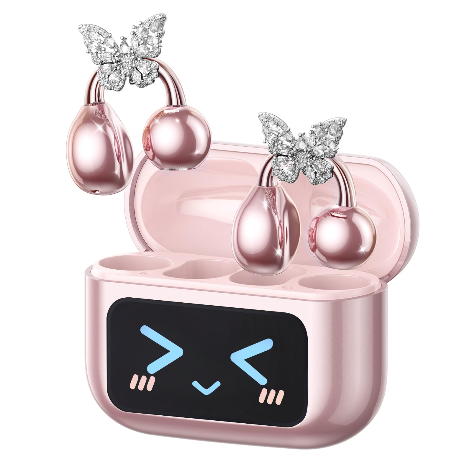Photo 1 of PAXA Stylish Open Ear Clip On Earbuds with Removable Butterfly Earring, Clip On Headphones with LCD Touch Screen, Fashionables Open Ear Headphones for Women, Butterfly Earring Rose Gold Earbuds