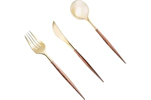 Lullaby 120PCS Gold Plastic Silverware, Gold Disposable Cutlery with Wood Grain Handle Include 40 Forks, 40 Spoons, 40 Knives, Elegant Disposable Silverware for Wedding, Party, Gathering, Daily Use