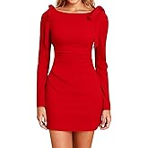 URYIAO Women's Long Sleeve Mini Dress Boat Neck Tie Shoulder Fall Winter Ruched Elegant Short Cocktail Party Dresses