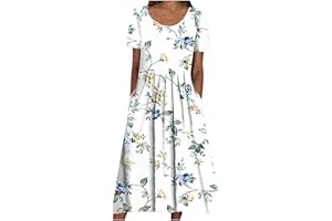 JPVDPA Summer Dresses for Women 2023 Causal Short Sleeve Pockets Dress Floral Print Crewneck High Waist Flowy Midi Dress