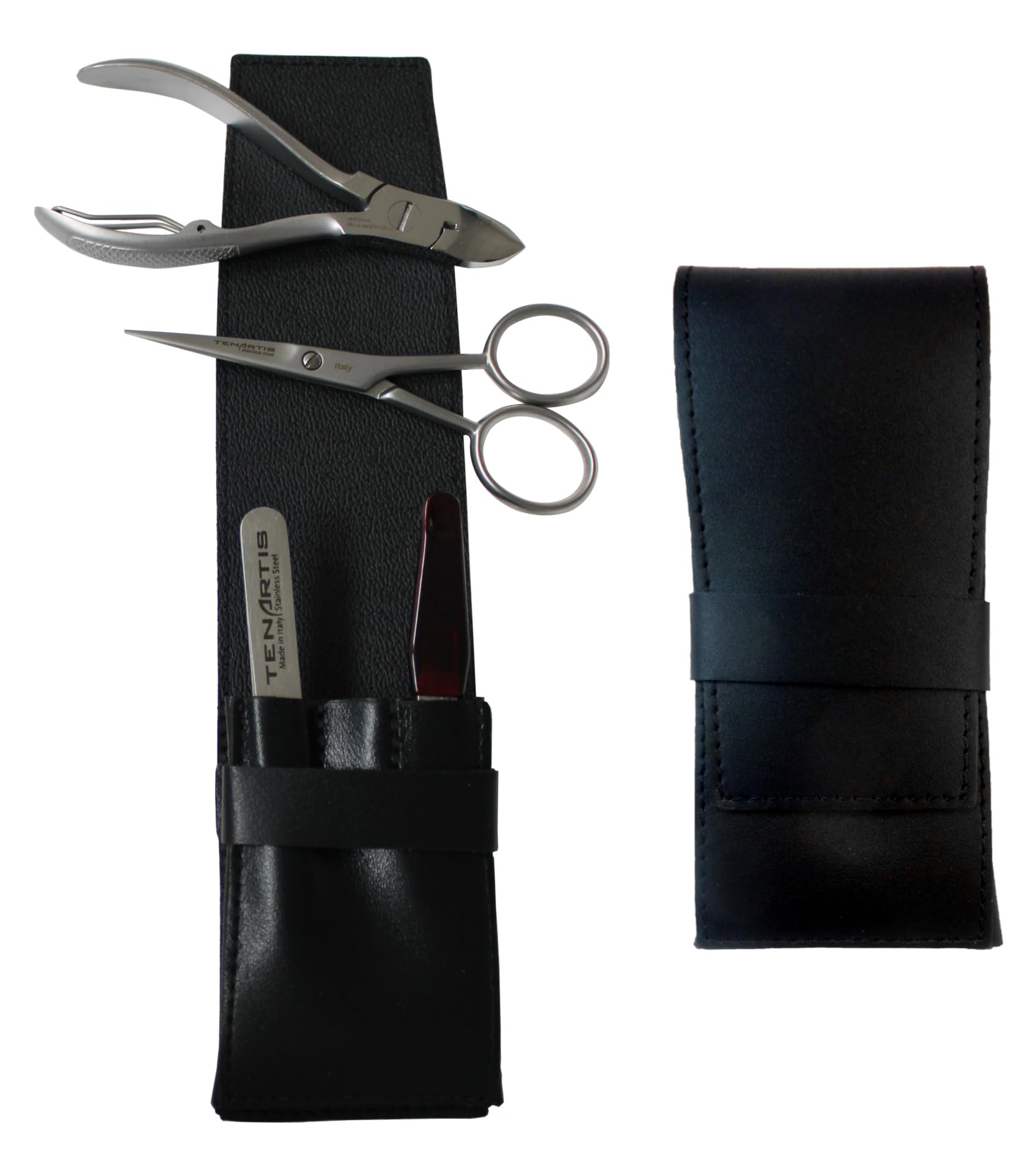 4-Piece Black Nappa Genuine Leather Men's Grooming Set | Manicure, Pedicure, Beard & Moustache - Tenartis 380 Made in Italy