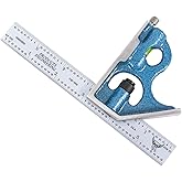 PEC Tools 12" Combination Square, 4R, Cast Iron Head, Made in USA | 2-piece set: satin chrome blade, square/miter head, level and scribe. Layout and setup for machinists and woodworkers