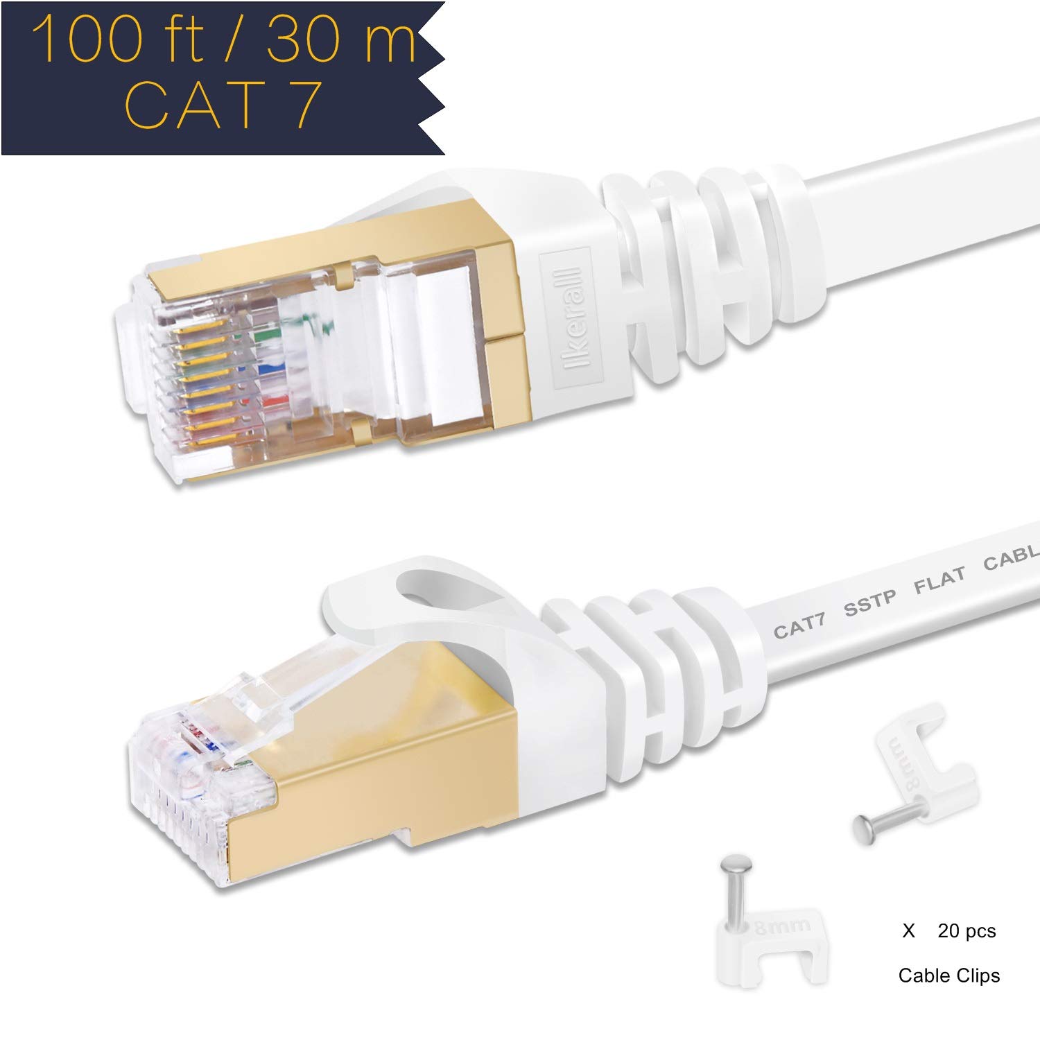 Cat7 Cable 100 ft High Speed White 10GB Fastest Shielded STP