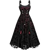 DRESSFO Gothic Punk Victorian Floral Silver Flocking Lace Up Panel Ruffles Midi Vinatge Goth Dress