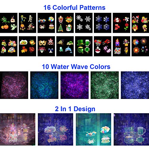 Elec3 Ocean Wave Christmas Projector Lights,16 Slides 2 In 1 Moving Pattern Projection lights Landscape Lights Waterproof Outdoor Indoor for Holidays Halloween Parties Decoration