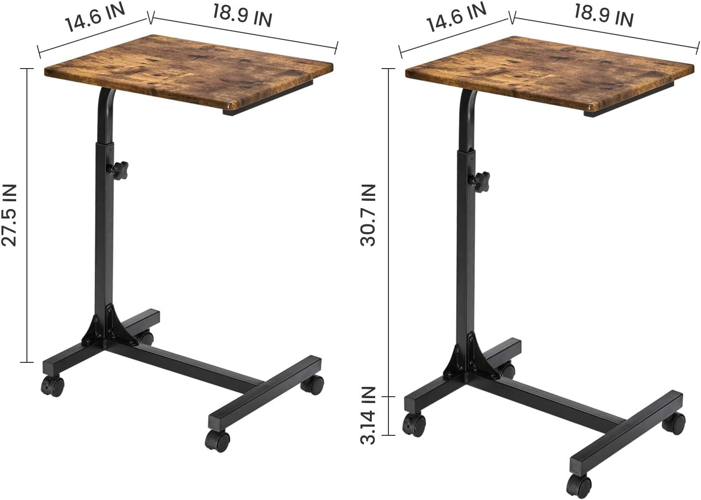 Coavas Over Bed Table C Side Rolling Table with Lockable Wheels Medical Portable Notebook Laptop Desk 3 Adjustment Levels TV Tray Table for Eating Breakfast, Walnut (18.9 x 14.6 x 26.4-31.1 inch): Kitchen & Dining
