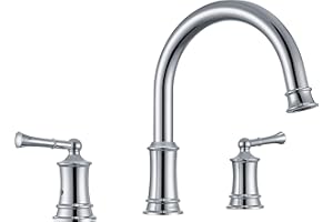 HANGORO Polished Chrome Roman Tub Faucet, Antique Bathtub Faucet Set 3 Hole, High Flow Bath Tub Faucet 12-16 inch Widespread, Solid Brass Tub Filler 2 Handle 360° Swivel Spout Rough-in Valve(B2307-CP)