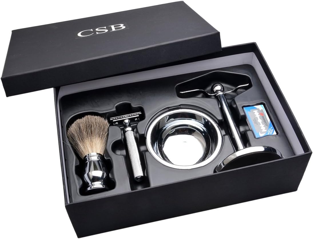 CSB Chrome Metal Handle Shaving Gift Set Badger Shaving Brush, DE Double Edge Safety Razor, 10pcs Blades,Shaving Bowl & Stand