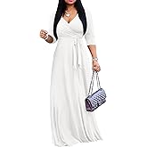 FANDEE Women's 2026 Maxi Dress - Solid Color Bohemian Summer Long Maxi Dress V-Neck 3/4 Sleeve