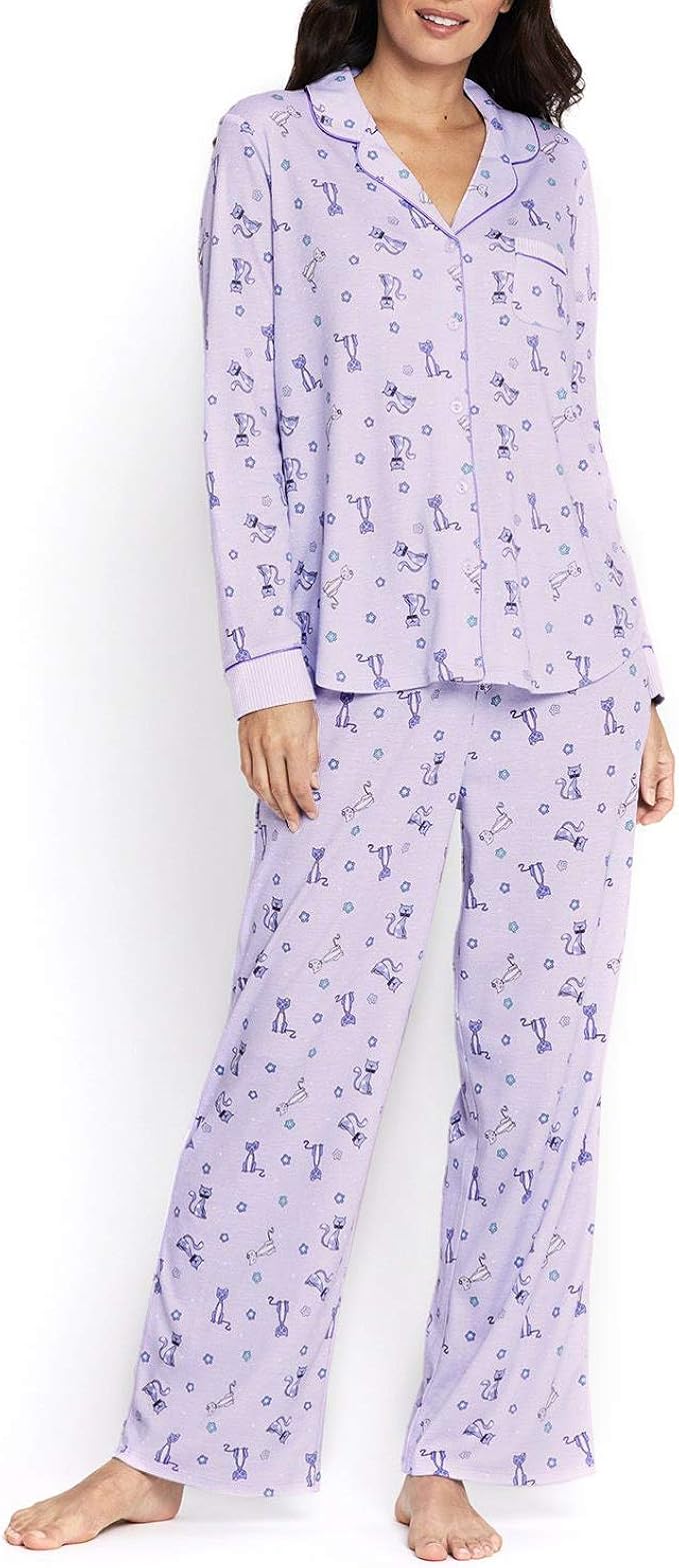 Karen Neuburger Women's Pajamas PJ Set (Small, Cats Print - Small Flowers - Lilac with Purple 