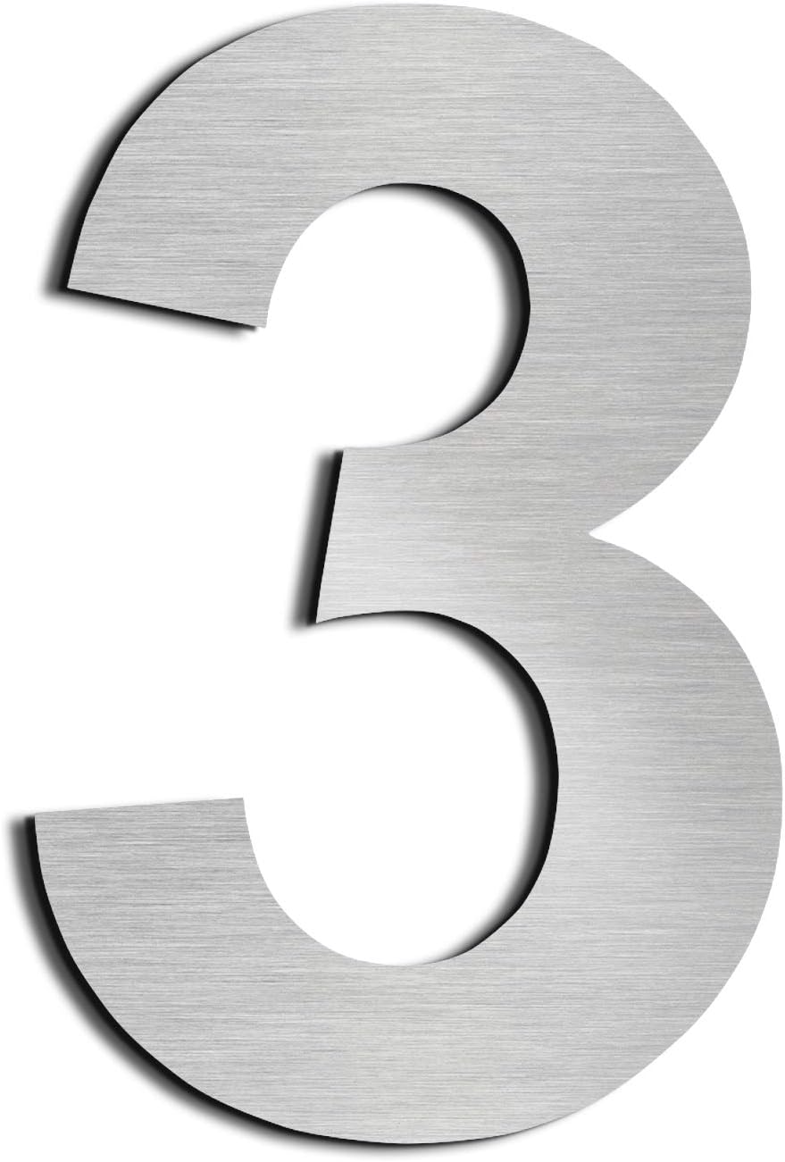 nanly Moderne Hausnummer aus massivem hergestellt 304-GROß 20.5 Zentimeter /8Zoll- Gebürsteter Edelstahl, Schwimmendes Aussehen, Einfache Installation（Ziffer 3）