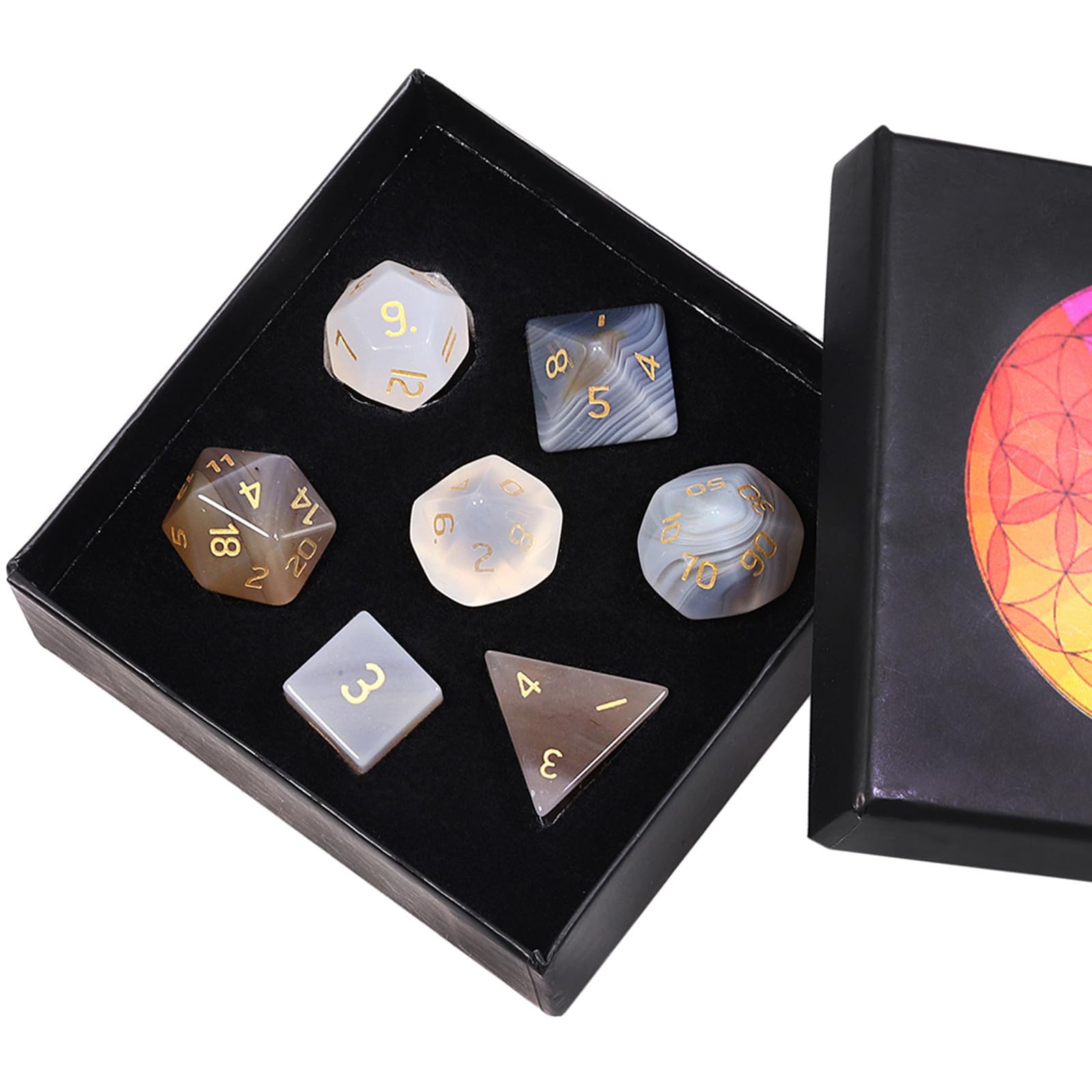 Nupuyai 7pcs Grey Agate Crystal Polyhedral DND Dice Set for RPG MTG Table Games, Polished Tumbled Stones Dices with Box for Home Decor — image 1