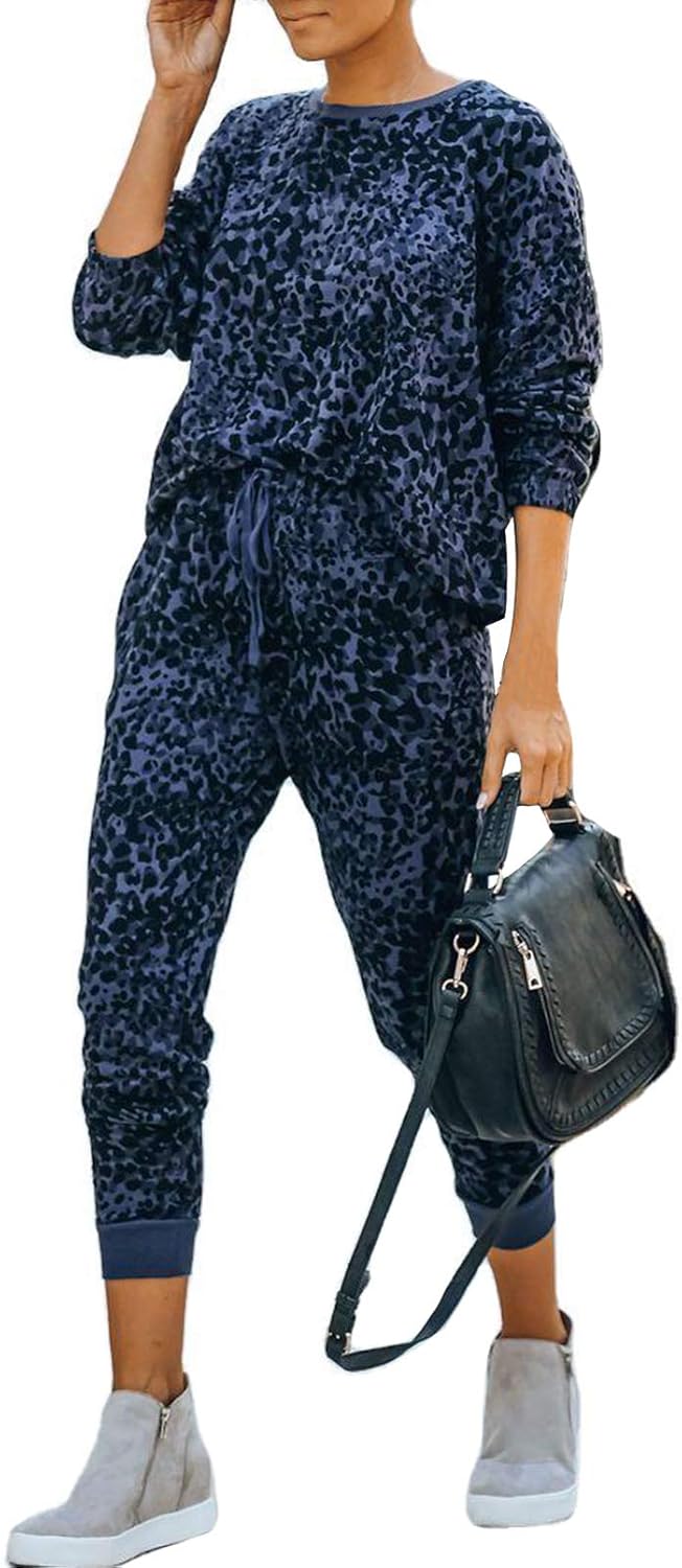 Women's 2 Piece Crewneck Long Sleeve Leopard Print Sweatsuit High Waist