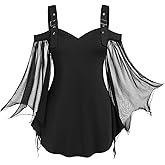 ROSE GAL Women Plus Size Gothic Top Buckle Straps Cold Shoulder Mesh Bell Sleeve Witch Halloween Costume Gothic Tee