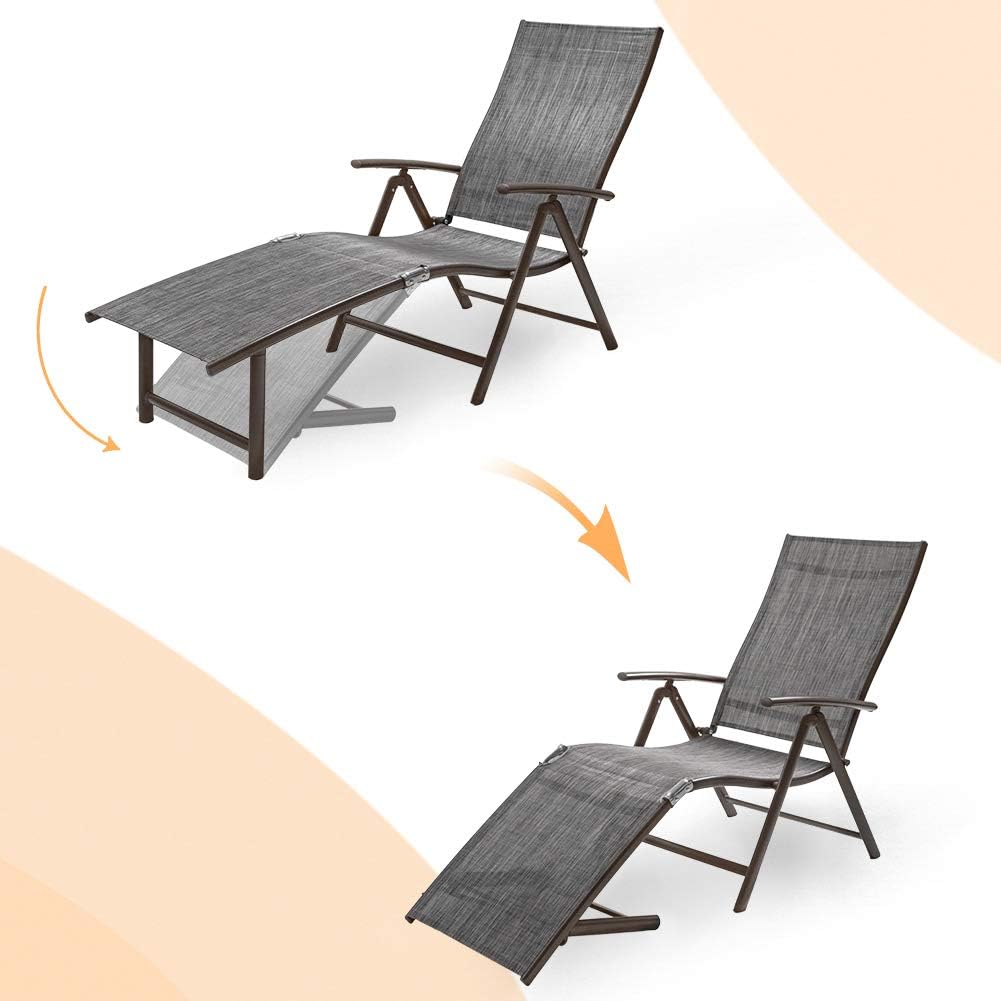 Crestlive Products Aluminum Beach Yard Pool Folding Recliner Adjustable Chaise Lounge Chair and Table Set All Weather for Outdoor Indoor, Brown Frame (Black & Gray): Furniture & Decor