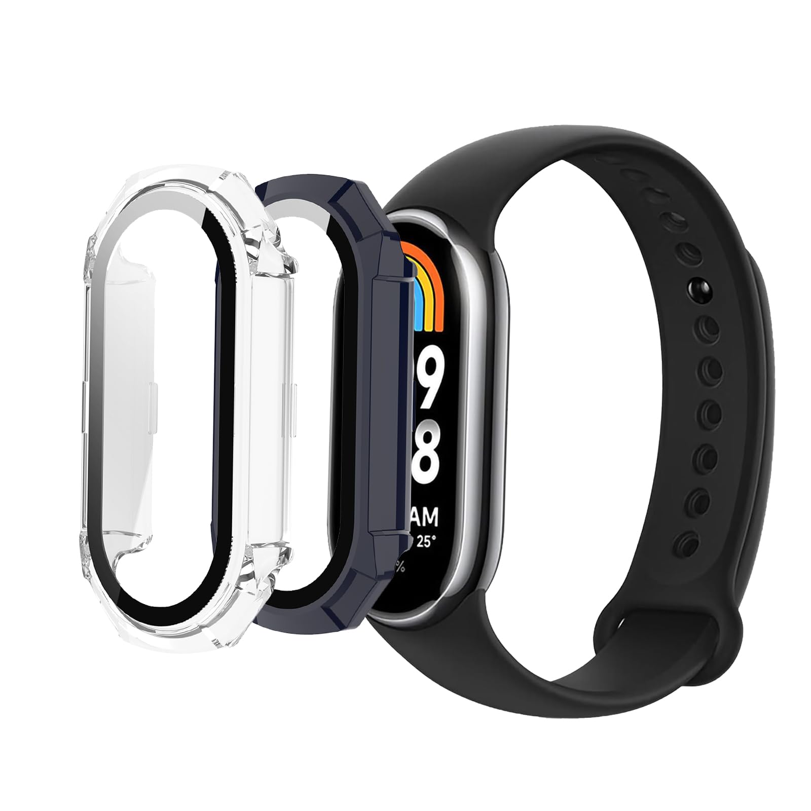 KUSINHOKA [2Pack] Case for Xiaomi Smart Band 8/Mi Band 8 Tempered Glass Screen Protector，PC Hard Case Tempered Glass Screen Protection Cover Slim Full Cover Scratch Proof Protector，Blue+Transparent