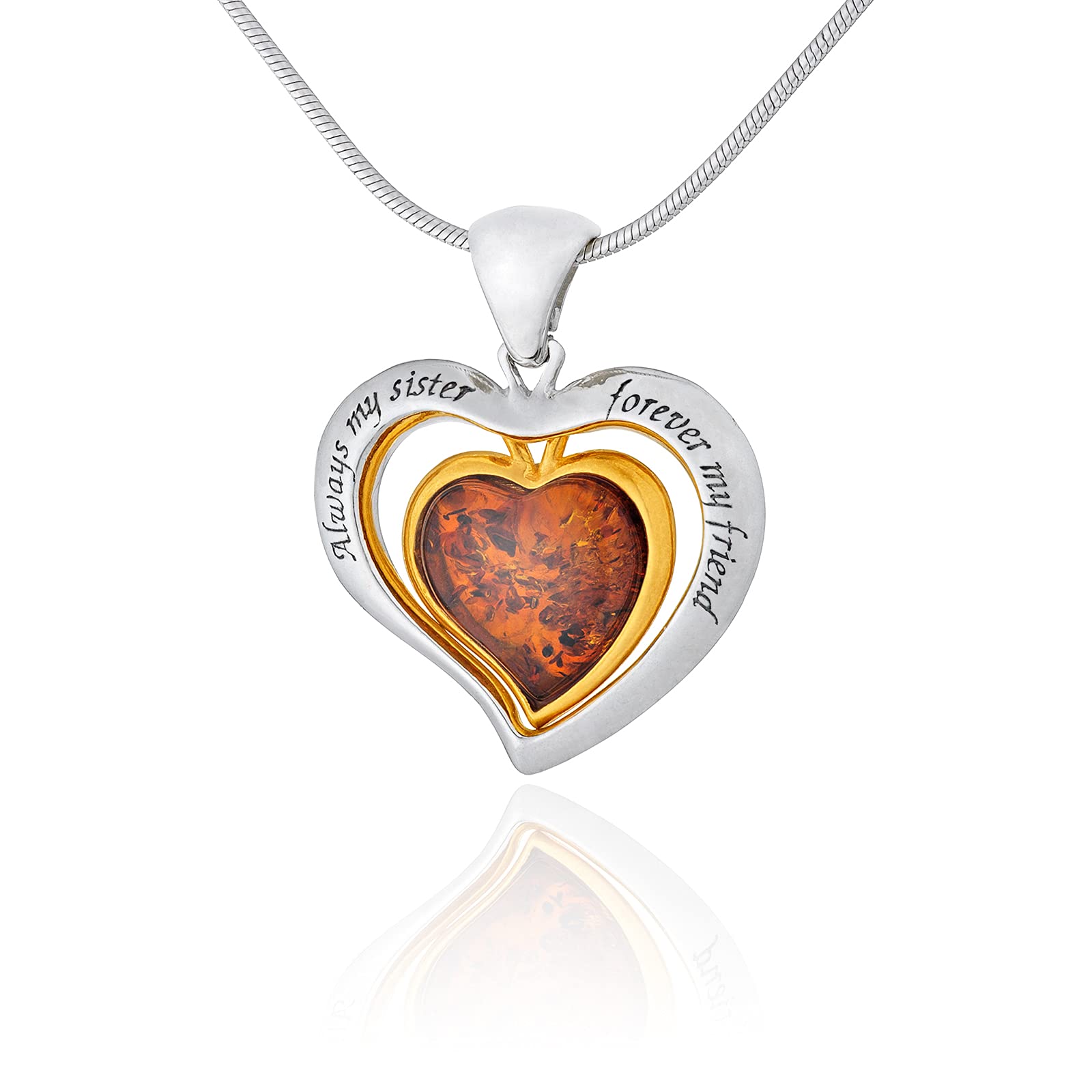 AMBEDORA Women's Necklace 925 Silver Gold-Plated 14 Carat Baltic Amber Heart Pendant V2 with Amber Double Hearts Engraved Always My Sister Forever My Friend