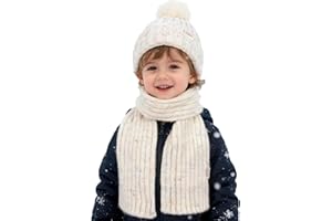 Aofalbe Kids Winter Hat Scarf Set for Girls Boys, Toddler Knit Beanie Hat & Neck Warmer Sets with Warm Cotton Lined Pom (Beig