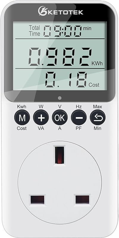 KETOTEK Power Meter Electricity Usage Monitor Plug 2900W/13A UK Plug