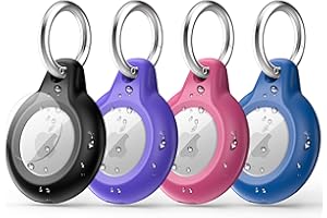 MOZOTER 4 Pack Airtag Keychain with Airtag Holder Case IPX8 Waterproof ,Full Body Shockproof,Anti-Scratch Cover Air tag for Cat,Dog,Keys,Luggage,Wallet（Black&Purple&Rose Pink&Blue）