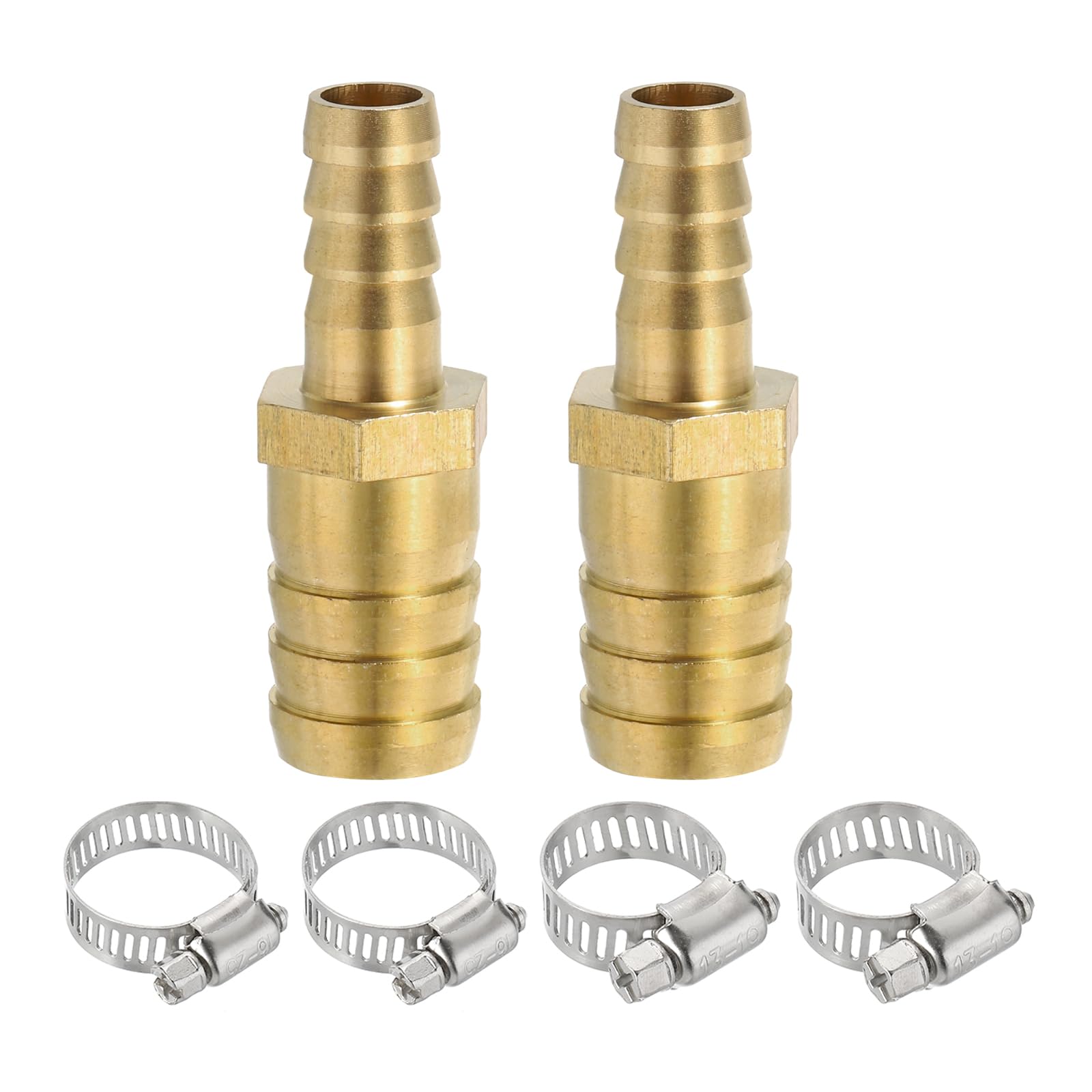 PATIKIL 3/8" to 5/8" Brass Hose Barb Reducer, 2Pcs Barbed Hose Fittings with 4 Stainless Steel Clamps Reducing Splicer Mender Union Adapter for Air Water Fuel