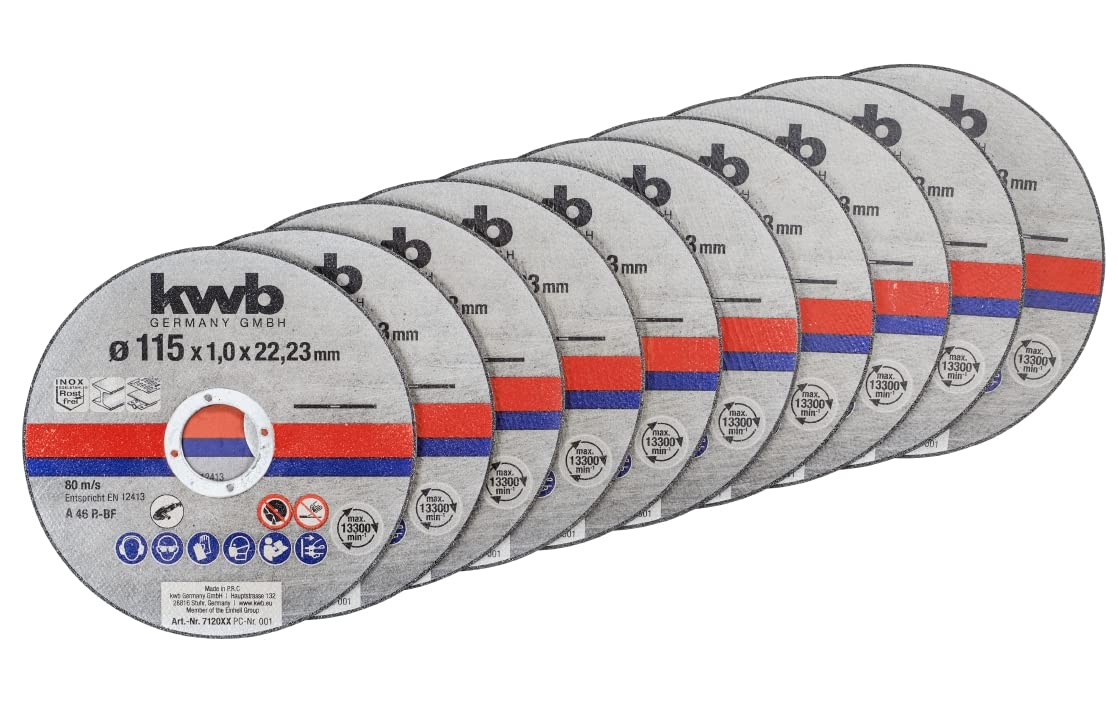KWB Thin Cutting Discs for Angle Grinders 115 MM | INOX Stainless Steel | Storage TIN Included | with EARPLUGS | Dimensions: 115 X 1 X 22.23 MM, Ø