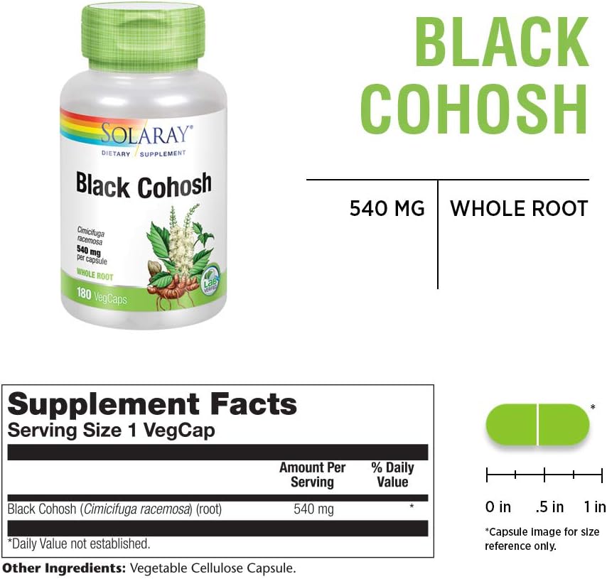 Solaray Black Cohosh 540 mg | Womens Health & Menopause Support Supplement | Whole Root | Non-GMO, Vegan & Lab Verified | 180 VegCaps: Health & Personal Care