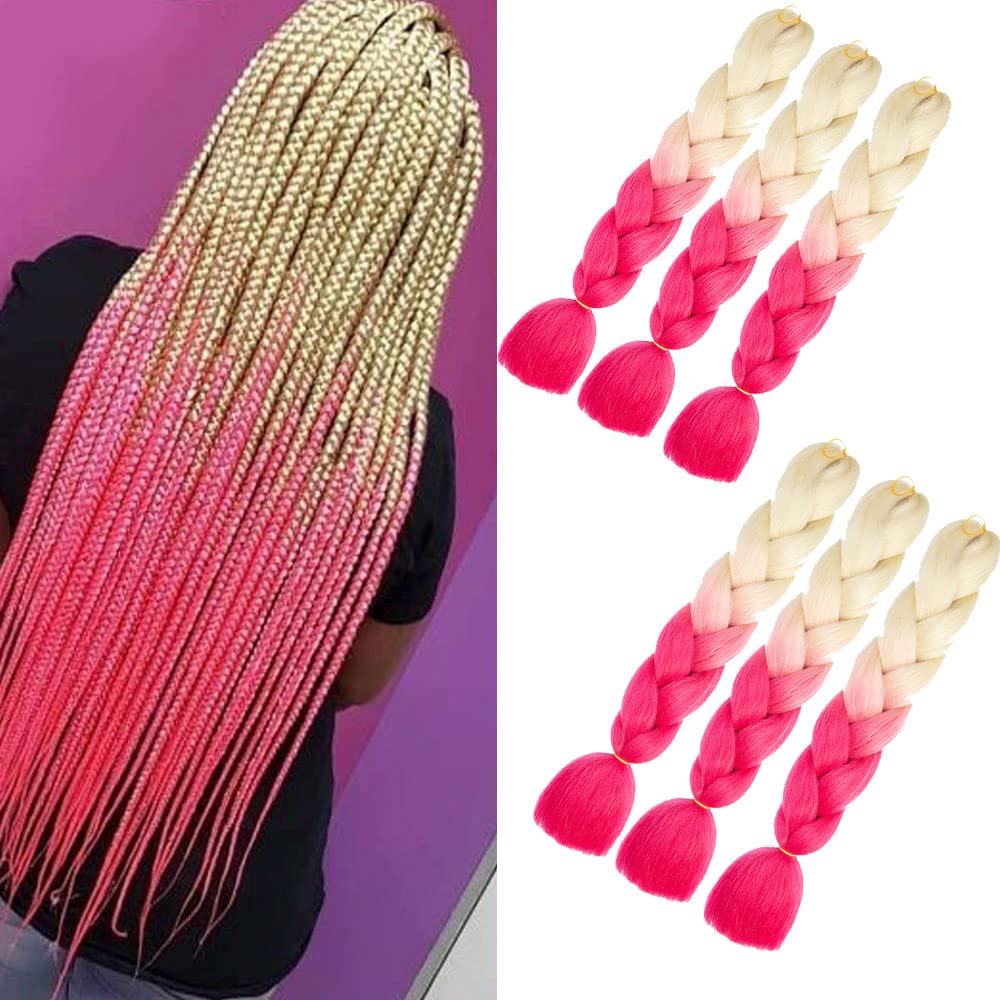 blonde ombre braiding hair Jumbo Braids Hair Extensions 6Packs High Temperature Fiber Synthetic African Box Braids Crochet Twist (blonde to hot pink) โ image 1