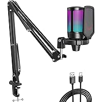 Fifine Gaming Microphone for PC Computer, USB Streaming Condenser Mic Kit with RGB, Quick Mute, Gain Knob, Boom Arm Stand, Po