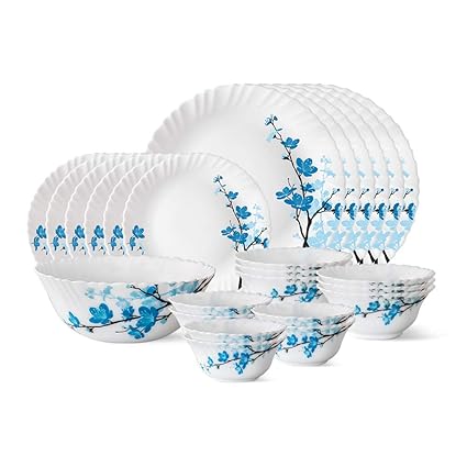 Larah By Borosil Mimosa Opalware Glass Dinner Set, 25-Pieces, White