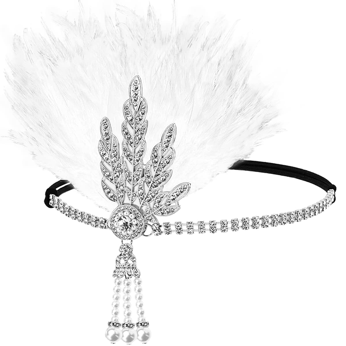 FERCAISH 1920s Flapper Headband, Roaring 20s Black Feather Crystal Bachelor Party Accessory, Great Gatsby Hair Accessories for Women (White)