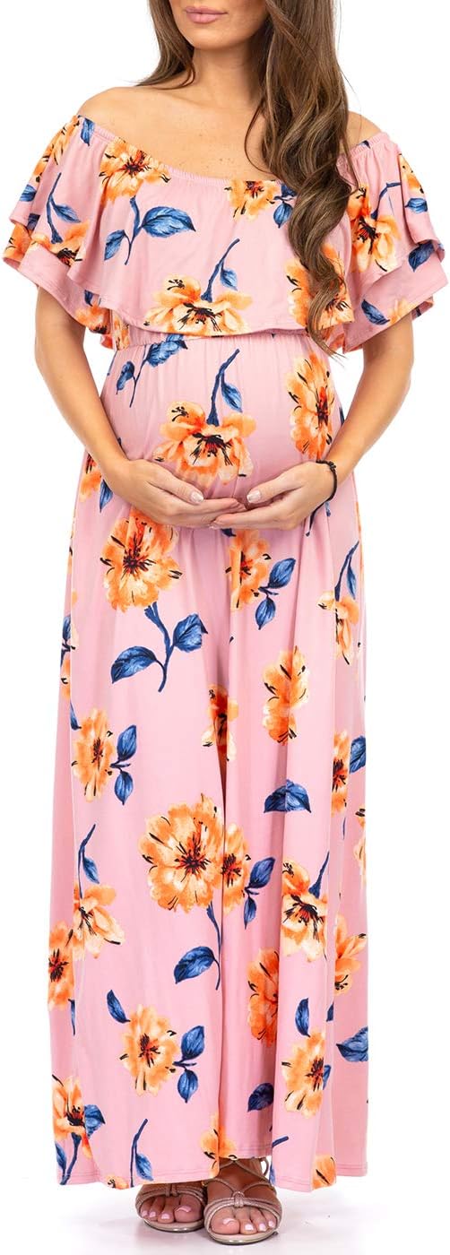 Open Shoulder Maternity Dress with Ruffles