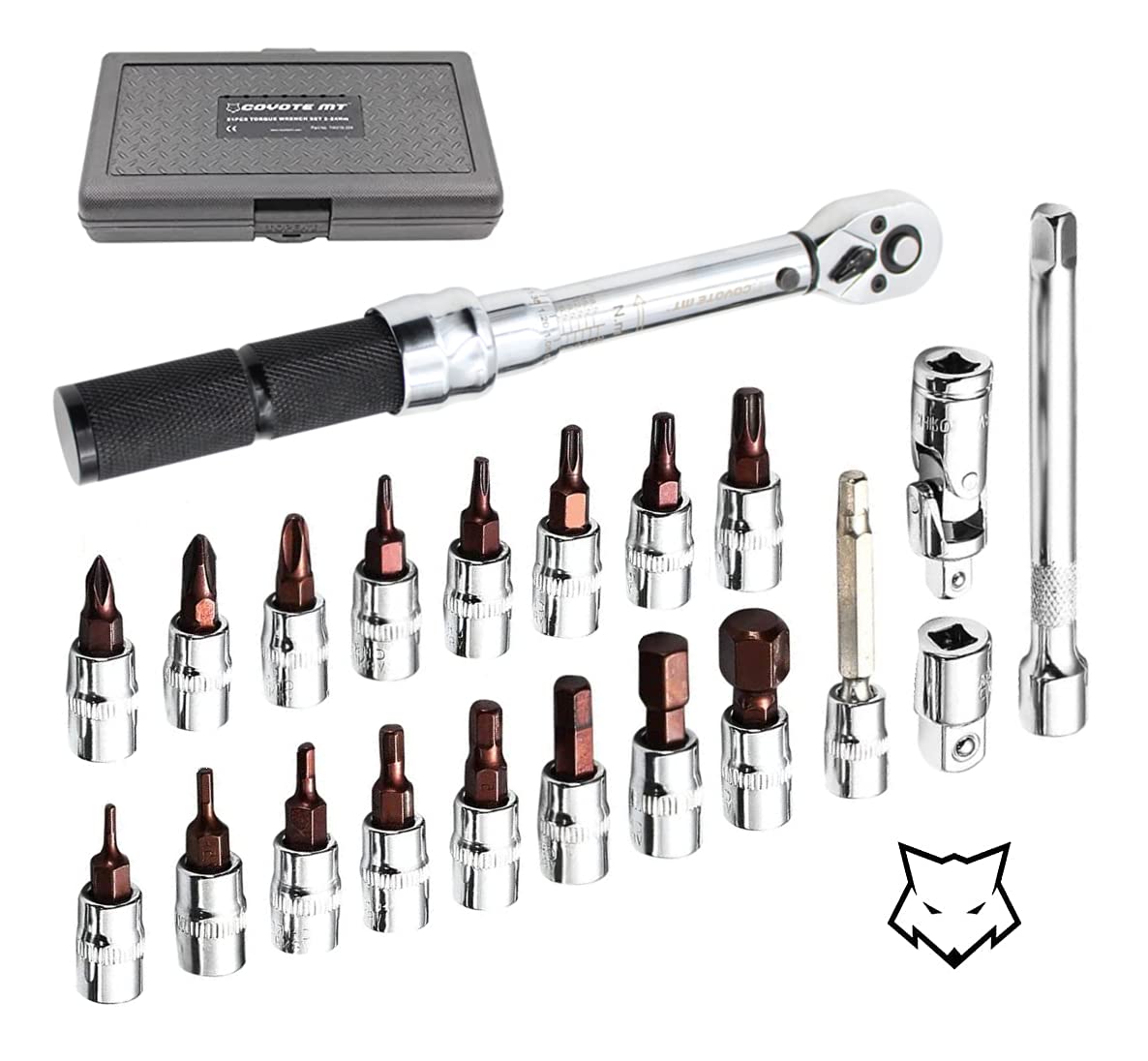COYOTE MT 1/4 Inch Drive Click 1/4" Torque Wrench Set - S2 Bits – 2 to 24Nm - Bicycle Maintenance Kit for Road Bikes, Mountain Bikes, Motorbikes – Allen & Torx Sockets, Extension Bar, Adapters, Case
