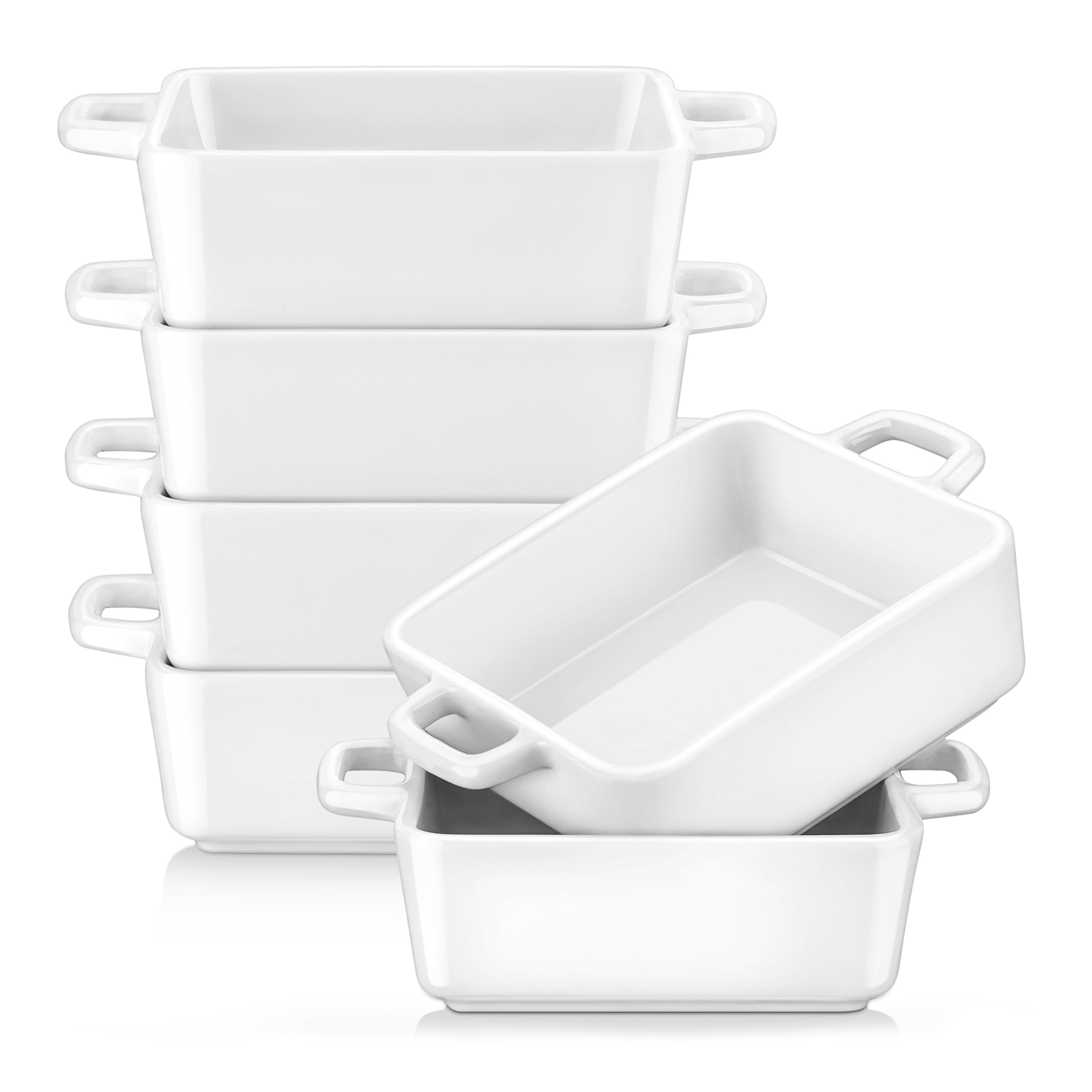 LOVECASA Porcelain Ramekins 220ml, Ramekins for Baking 10 x 10 x 3.8 cm Square Soufflé Dishes Creme Brulee Dish with Double Handle-Set of 6, Dishwasher Safe, White