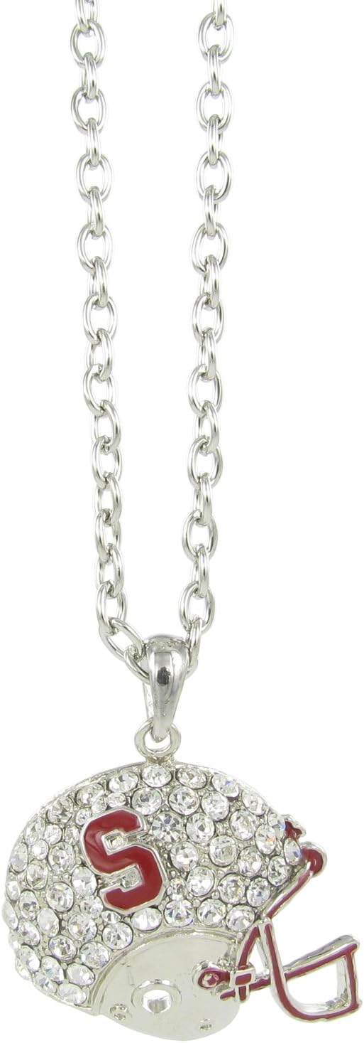 Officially Licensed Stanford Cardinal Rhinestone Pavé Football Helmet Necklace Pendant with Clear Crystals and Red Enamel