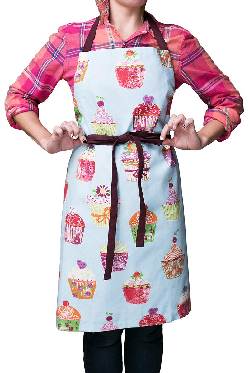 Bunny Street Chef Apron - Woman’s Apron - Blue Cotton Apron with Cupcakes Print - Cooking and Baking Gift