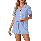 Vrtige Women's 2 Piece Cotton Pajamas Set Button Down Short Sleeve Shirt and Shorts Sleepwear PJs Set Sky Blue X-Small