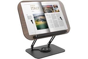 Book Stand for Reading, Adjustable Book Holder with 360° Swivel Base with Page Clips, Foldable Cookbook Stand for Music Score
