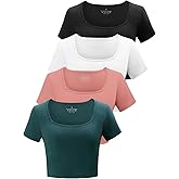 Kole Meego Square Neck Crop Tops for Women Workout Tops Trendy Going Out Tops Gym Summer Shirts 4 Pack